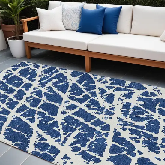 Blue and White Abstract Washable Non Skid Indoor Outdoor Area Rug Photo 1