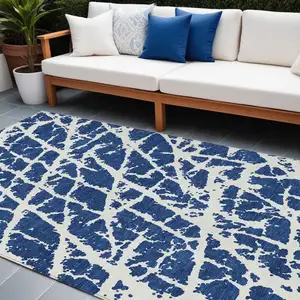 Photo of Blue and White Abstract Washable Non Skid Indoor Outdoor Area Rug