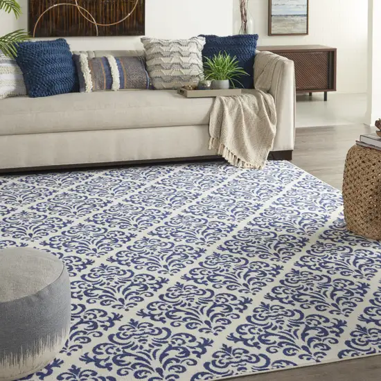 Blue and White Damask Power Loom Area Rug Photo 6