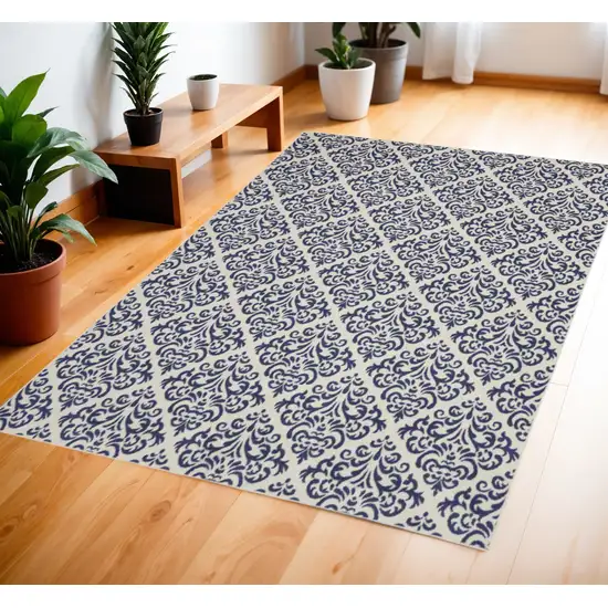 Blue and White Damask Power Loom Area Rug Photo 2