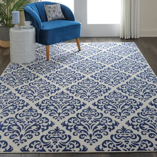 Blue and White Damask Power Loom Area Rug Photo 7