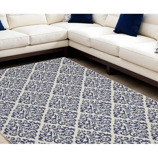 Blue and White Damask Power Loom Area Rug Photo 1