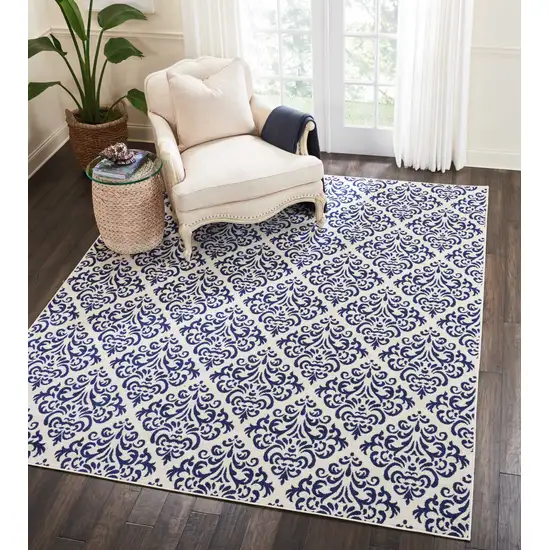 Blue and White Damask Power Loom Area Rug Photo 6