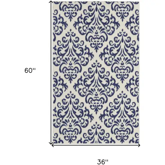 Blue and White Damask Power Loom Area Rug Photo 3