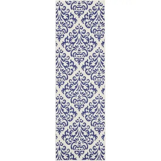 Blue and White Damask Power Loom Runner Rug Photo 2