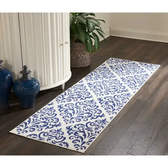 Blue and White Damask Power Loom Runner Rug Photo 6