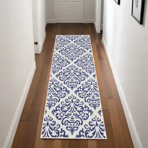 Photo of Blue and White Damask Power Loom Runner Rug