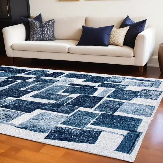 Blue and White Geometric Non Skid Area Rug Photo 1