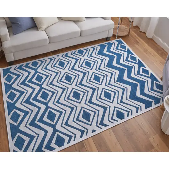 Blue and White Geometric Power Loom Area Rug Photo 8