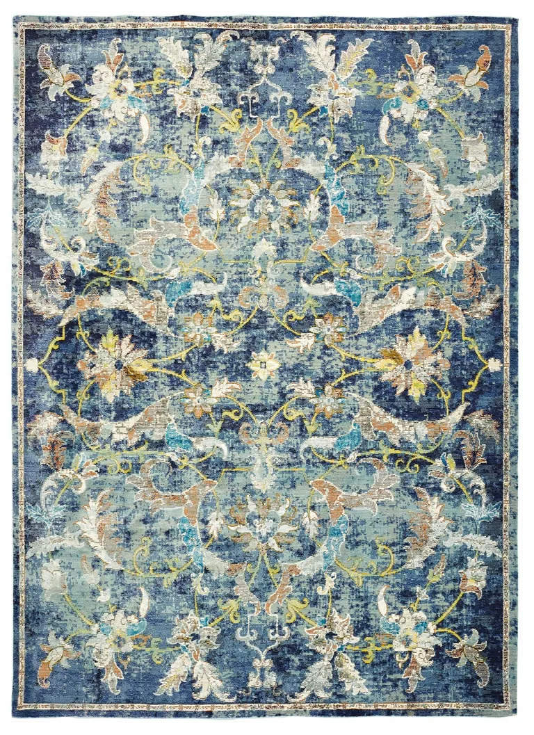 Blue and White Jacobean Pattern Area Rug Photo 1