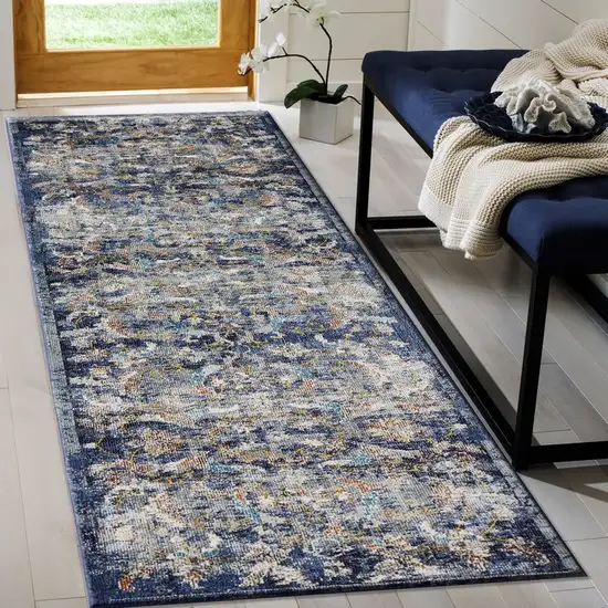 Blue and White Jacobean Pattern Runner Rug Photo 7