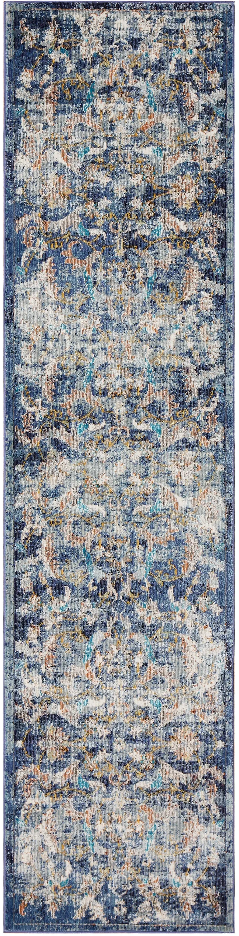 Blue and White Jacobean Pattern Runner Rug Photo 4