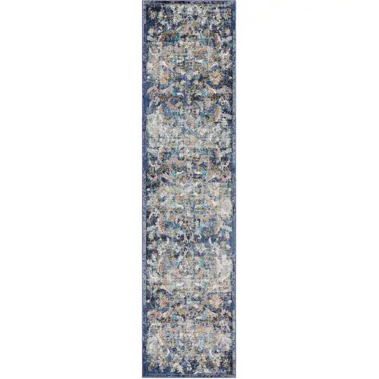 Blue and White Jacobean Pattern Runner Rug Photo 4