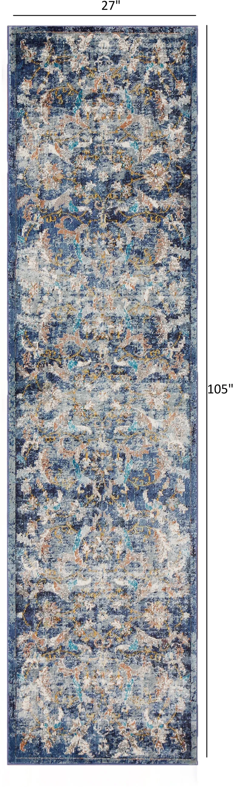 Blue and White Jacobean Pattern Runner Rug Photo 3