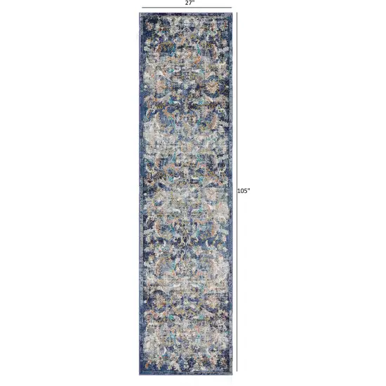 Blue and White Jacobean Pattern Runner Rug Photo 3