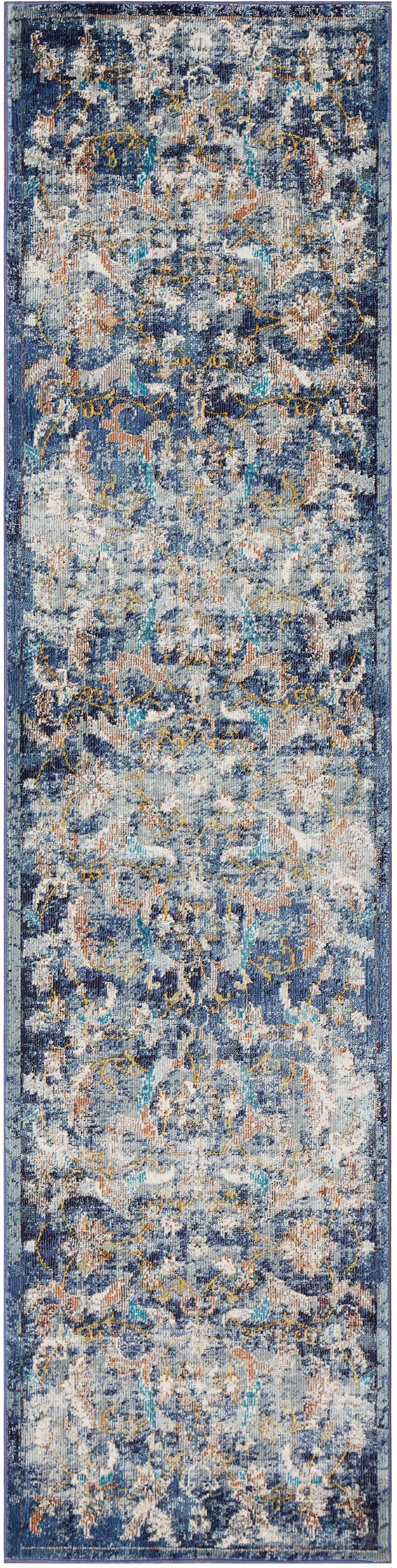 Blue and White Jacobean Pattern Runner Rug Photo 1