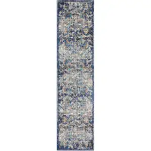 Photo of Blue and White Jacobean Pattern Runner Rug