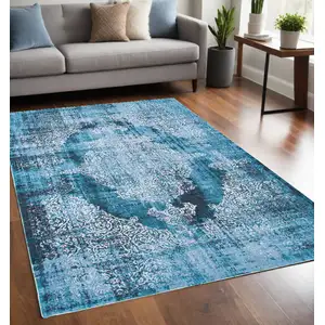 Photo of Blue and White Oriental Non Skid Area Rug