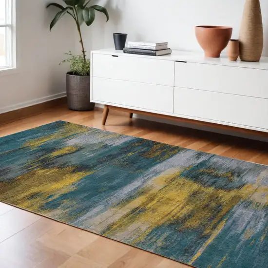 Blue and Yellow Abstract Non Skid Area Rug Photo 1