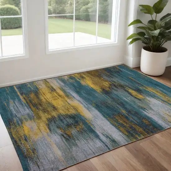 Blue and Yellow Abstract Non Skid Area Rug Photo 1