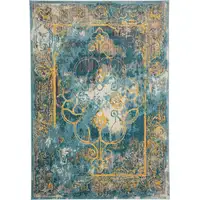 Photo of Blue and Yellow Abstract Power Loom Worn Faded Area Rug