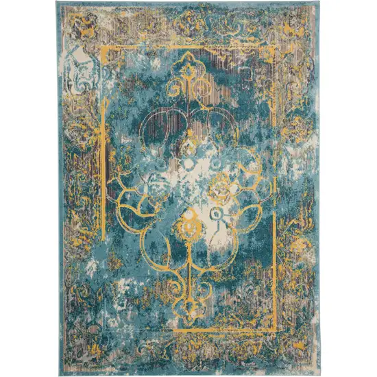 Blue and Yellow Abstract Power Loom Worn Faded Area Rug Photo 5