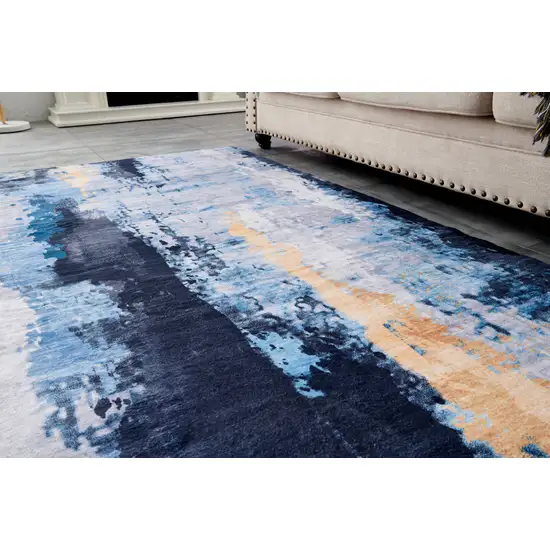 Blue and Yellow Abstract Printed Washable Non Skid Area Rug Photo 5