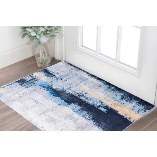 Blue and Yellow Abstract Printed Washable Non Skid Area Rug Photo 3