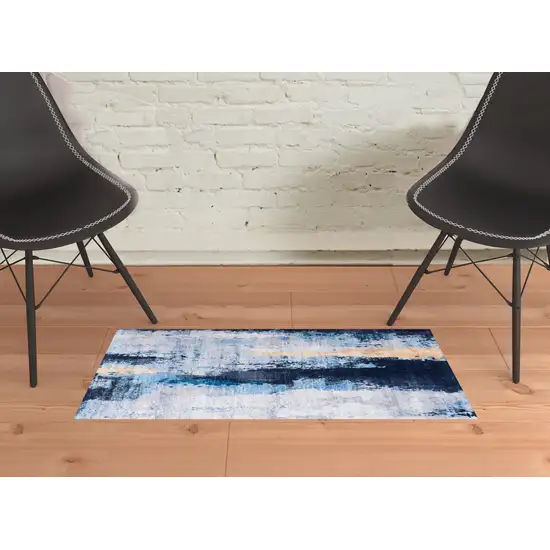 Blue and Yellow Abstract Printed Washable Non Skid Area Rug Photo 2