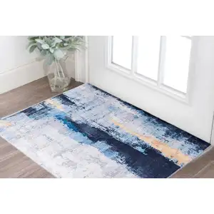 Photo of Blue and Yellow Abstract Printed Washable Non Skid Area Rug