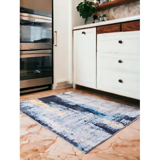 Blue and Yellow Abstract Printed Washable Non Skid Area Rug Photo 1