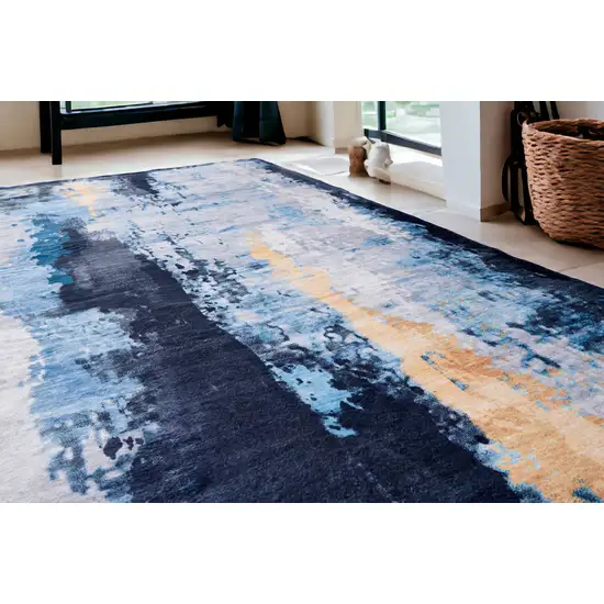 Blue and Yellow Abstract Printed Washable Non Skid Area Rug Photo 1