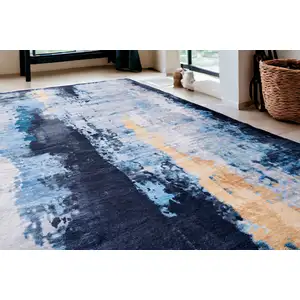 Photo of Blue and Yellow Abstract Printed Washable Non Skid Area Rug