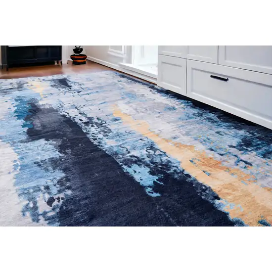 Blue and Yellow Abstract Printed Washable Non Skid Area Rug Photo 1