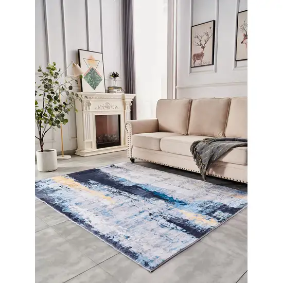 Blue and Yellow Abstract Printed Washable Non Skid Area Rug Photo 9