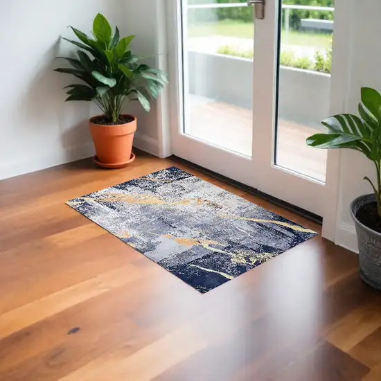 Blue and Yellow Abstract Shag Printed Washable Non Skid Area Rug Photo 1