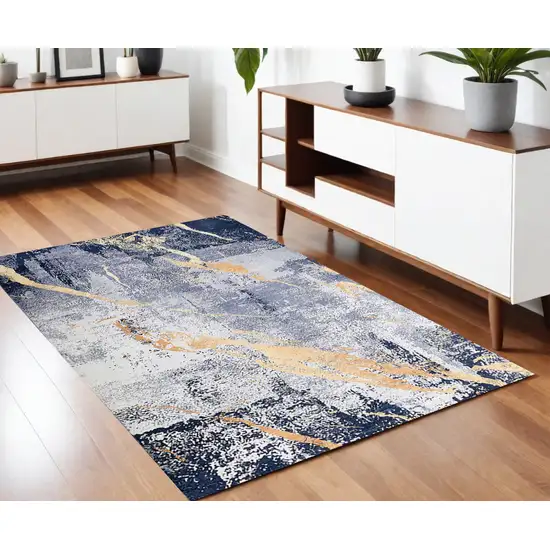 Blue and Yellow Abstract Shag Printed Washable Non Skid Area Rug Photo 2