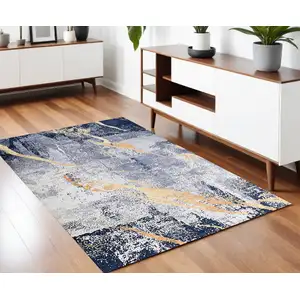 Photo of Blue and Yellow Abstract Shag Printed Washable Non Skid Area Rug