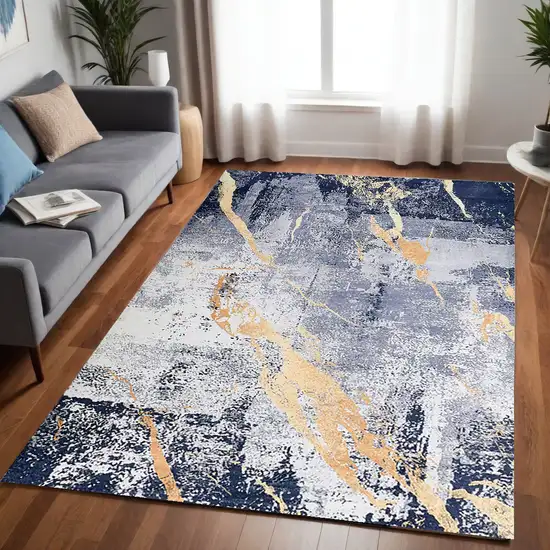 Blue and Yellow Abstract Shag Printed Washable Non Skid Area Rug Photo 2