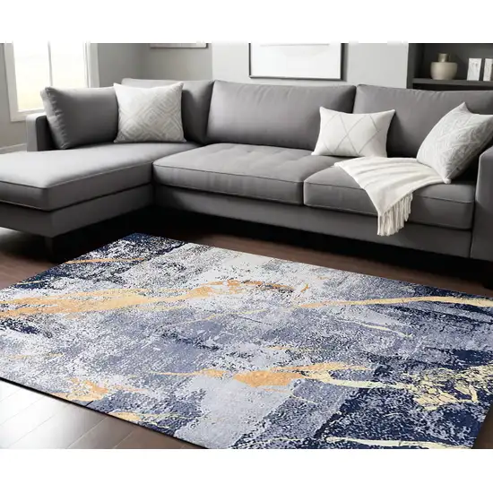 Blue and Yellow Abstract Shag Printed Washable Non Skid Area Rug Photo 2