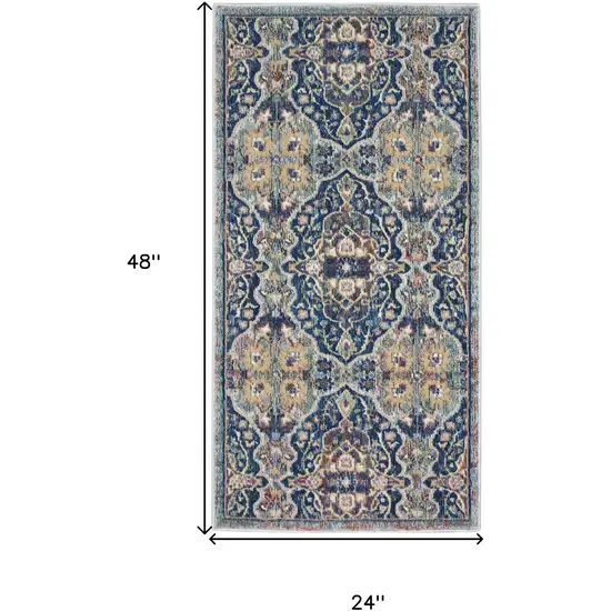 Blue and Yellow Floral Distressed Non Skid Area Rug Photo 3