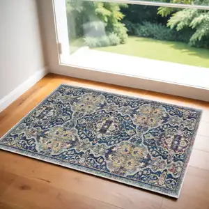 Photo of Blue and Yellow Floral Distressed Non Skid Area Rug