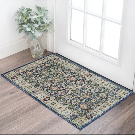 Blue and Yellow Floral Distressed Non Skid Area Rug Photo 1