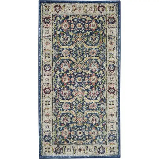 Blue and Yellow Floral Distressed Non Skid Area Rug Photo 2