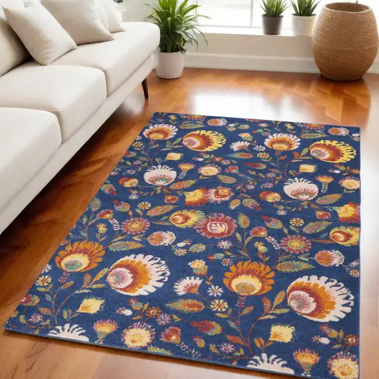 Blue and Yellow Floral Power Loom Area Rug Photo 1