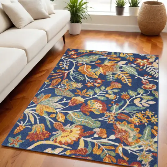 Blue and Yellow Floral Power Loom Area Rug Photo 1