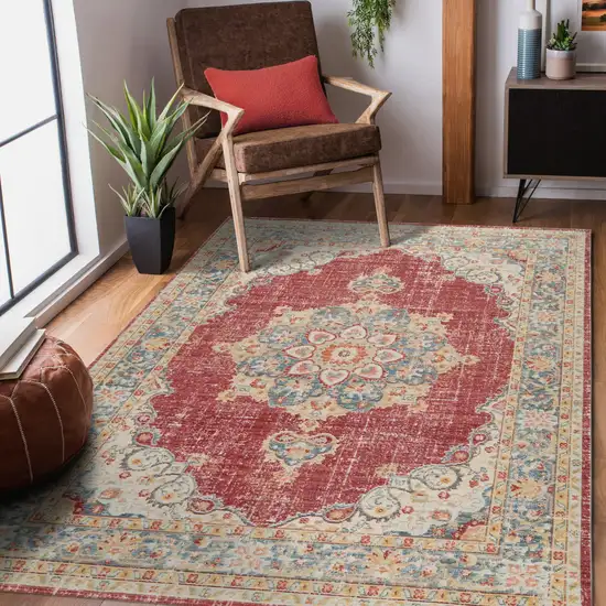 Blue and Yellow Medallion Power Loom Distressed Area Rug Photo 8