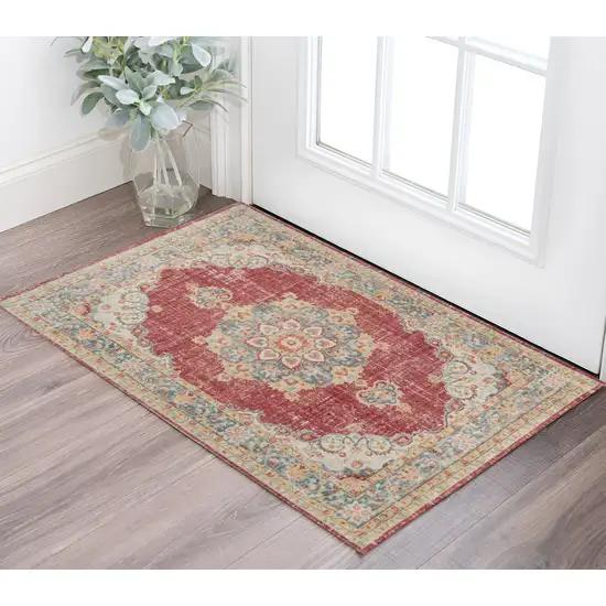 Ivory Red and Blue Medallion Power Loom Worn Faded Area Rug Photo 1