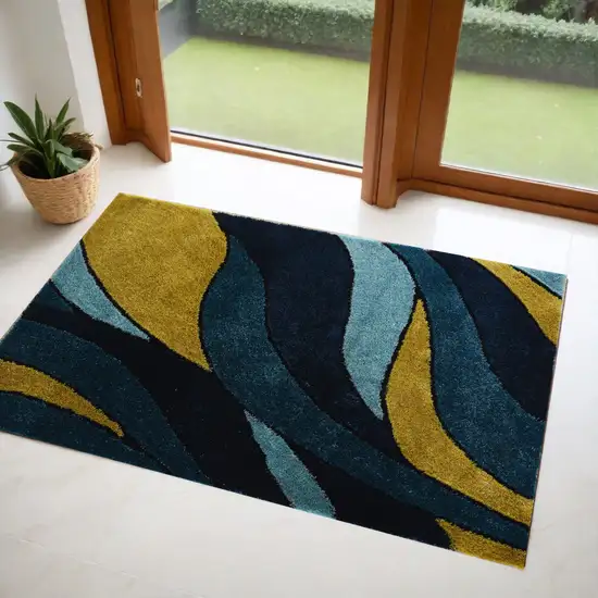 Blue and Yellow Shag Hand Tufted Area Rug Photo 2