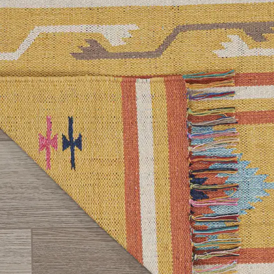 Blue and Yellow Southwestern Handmade Area Rug With Fringe Photo 4